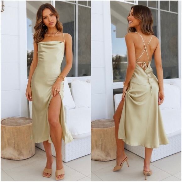 Hello Molly Dresses & Skirts - Hello Molly NWT Drinks on Me Satin Midi Dress in Lime - size XS